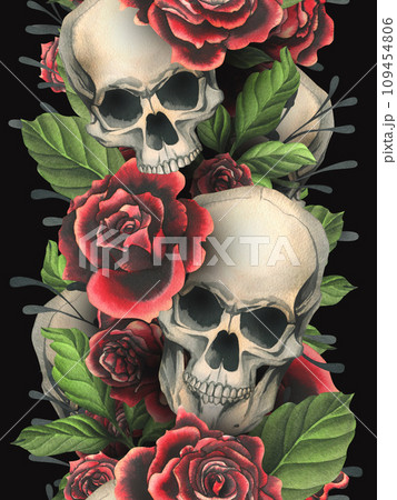 Human skulls realistic with black and red roses, green leaves and black branches. Hand drawn watercolor illustration. Dark, creepy seamless board for decoration and design. Human skulls realistic with black and red roses, green leaves and black branches. Hand drawn watercolor illustration. Dark, creepy seamless board for decoration and design. 109454806