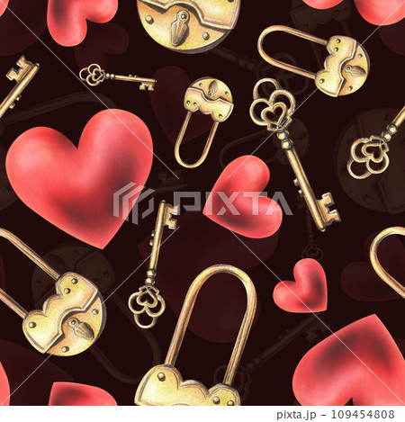 Gold metal padlock with a hole and key heart shape, red hearts. Hand drawn watercolor illustration. Seamless pattern on a dark background Gold metal padlock with a hole and key heart shape, red hearts. Hand drawn watercolor illustration. Seamless pattern on a dark background 109454808