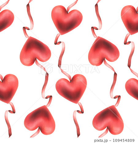 Red volumetric heart like that with red ribbons. Hand drawn watercolor illustration for weddings, Valentine's day, romance, cards, posters, decorations. Seamless pattern on a white background. Red volumetric heart like that with red ribbons. Hand drawn watercolor illustration for weddings, Valentine's day, romance, cards, posters, decorations. Seamless pattern on a white background. 109454809