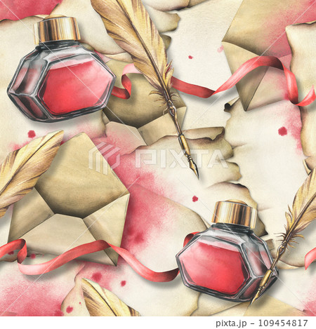 For Valentine's Day, seamless pattern with envelopes, papyrus, red ink, pen and ribbons. Hand drawn watercolor illustration 109454817