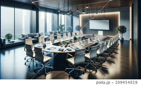 高層ビルにオフィスを構える会社の経営会議が開かれる大会議室。AI生成画像。 109454819