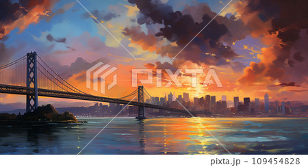 【AI生成画像・AIイラスト】夕焼けと遠くの都会へ向けて掛かる橋 109454828