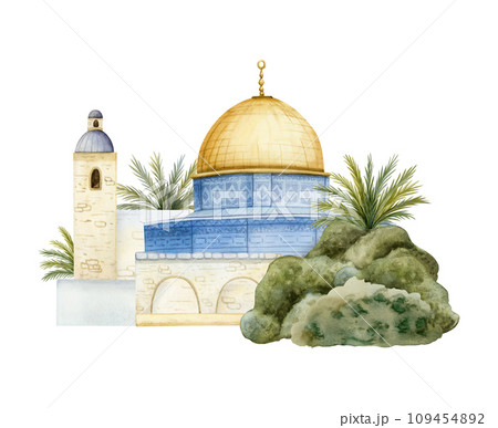 Dome of the Rock in old city of Jerusalem with palm trees landscape watercolor illustration Isolated on white background. Qubbat as Sakhra in Al Aqsa on Temple Mount in Israel 109454892