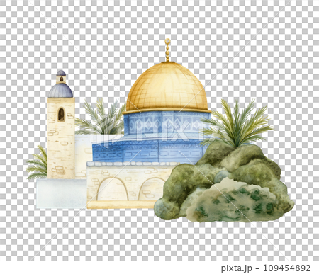 Dome of the Rock in old city of Jerusalem with palm trees landscape watercolor illustration Isolated on white background. Qubbat as Sakhra in Al Aqsa on Temple Mount in Israel 109454892