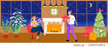 The couple exchanges gifts. Christmas and New Year vector illustration The couple exchanges gifts. Christmas and New Year vector illustration 109454901