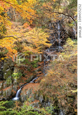山梨県山梨市三富上釜口　笛吹川に架かる滝　名瀑一之釜の隣に流れる釜沢の滝と紅葉のスローシャッター撮影 109455252