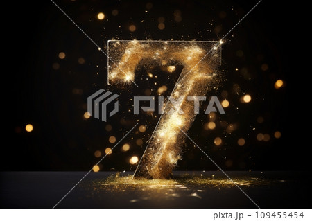 AI-generated content. Golden sparkling number seven on black background. Symbol 7. Invitation for a seventh birthday party or business anniversary. Generative AI. 109455454