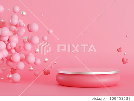 Pink and silver podium with hearts and bubbles. Valentine's Day, Mother's Day. Podium for product, cosmetic presentation. Mock up. Pedestal or platform for beauty products. Stage with copy space. 3D. 109455582