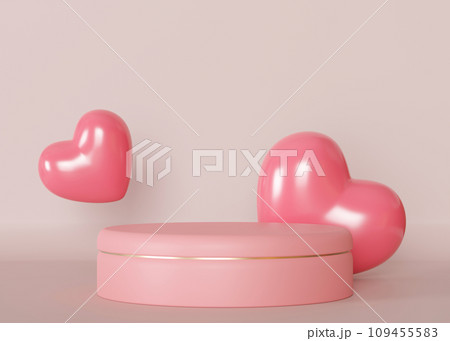 A minimalist composition featuring two glossy pink hearts and a round platform with a golden rim on a pastel pink background, perfect for Valentine's Day themes. Stage, podium with copy space. 3D. 109455583