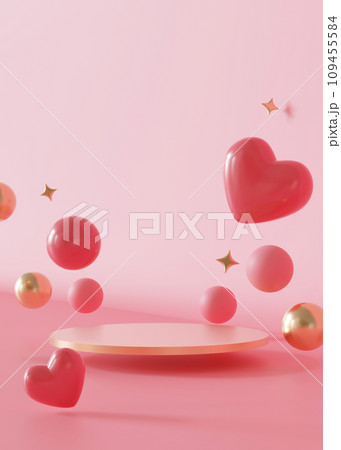 Flying podium with hearts, stars and bubbles. Valentine's Day, Mother's Day. Podium for product, cosmetic presentation. Mock up. Pedestal or platform for beauty products. Stage with copy space. 3D. 109455584