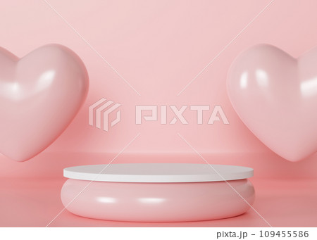 Pink and white podium with hearts. Valentine's Day, Mother's Day, Wedding. Podium for product, cosmetic presentation. Mock up. Pedestal or platform for beauty products. Stage with copy space. 3D. 109455586