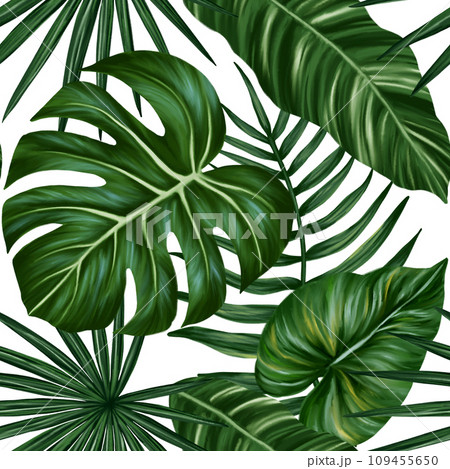 Tropical leaf seamless pattern. Colorful vivid print with beautiful palm jungle leaves. Repeated luxury design for packaging, cosmetic, fashion, textile, wallpaper. Realistic high quality illustration Tropical leaf seamless pattern. Colorful vivid print with beautiful palm jungle leaves. Repeated luxury design for packaging, cosmetic, fashion, textile, wallpaper. Realistic high quality illustration 109455650