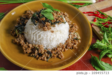 Minced pork with basil over rice is a Thai food that is popular among Thai people Minced pork with basil over rice is a Thai food that is popular among Thai people 109455713