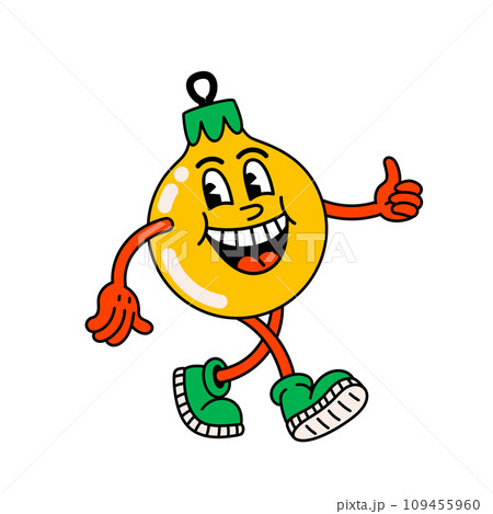 Retro cartoon red Christmas ball Groovy vintage 70s funny ball character with arms and legs walking 109455960