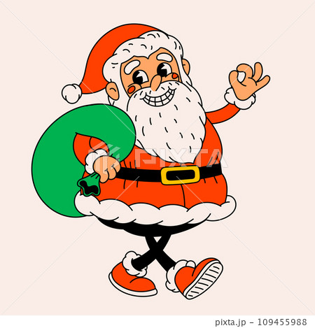 Retro style Funny cartoon Santa Claus. Groovy vintage 70s Santa character with bag of gifts Retro style Funny cartoon Santa Claus. Groovy vintage 70s Santa character with bag of gifts 109455988