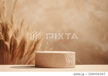 AI-generated content. Podium with pampas grass. Mock up for product, cosmetic presentation. Natural colors. Platform for beauty products. Empty scene. Stage, display, showcase. Podium with copy space 109456267