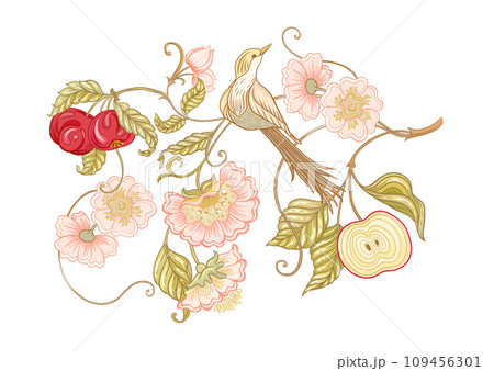 Fantasy flowers and bird, decorative flowers 109456301