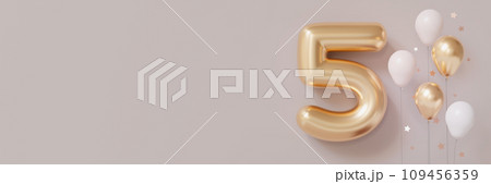 Golden number five and balloons on beige background. Symbol 5. Fifth birthday party, business anniversary, or event celebrating a fifth milestone. Pastel colors. Banner with copy space for text. 3D. 109456359