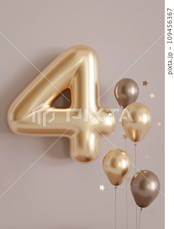 Golden number four and balloons on beige background. Symbol 4. Invitation for a fourth birthday party, business anniversary, or any event celebrating a fourth milestone. Warm colors. Vertical 3D. Golden number four and balloons on beige background. Symbol 4. Invitation for a fourth birthday party, business anniversary, or any event celebrating a fourth milestone. Warm colors. Vertical 3D. 109456367