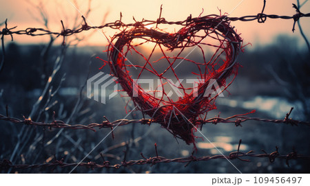 heart symbol wrapped in barbed wire 109456497