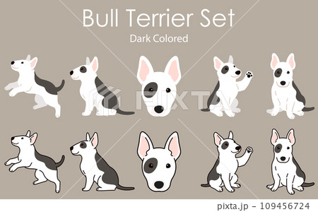 シンプルで可愛い黒い模様のブルテリアのイラストセット 主線あり・なし シンプルで可愛い黒い模様のブルテリアのイラストセット 主線あり・なし 109456724