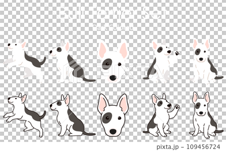 シンプルで可愛い黒い模様のブルテリアのイラストセット 主線あり・なし シンプルで可愛い黒い模様のブルテリアのイラストセット 主線あり・なし 109456724