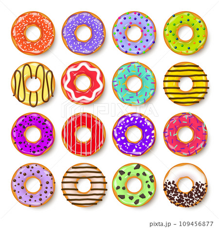 Donut, begel with cream. Cookies,cookie cake set. Sweet dessert with sugar and caramel. Tasty breakfast cooking. Cafateria food, snack. Coffee shop.Vector illustration. Donut, begel with cream. Cookies,cookie cake set. Sweet dessert with sugar and caramel. Tasty breakfast cooking. Cafateria food, snack. Coffee shop.Vector illustration. 109456877