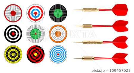 Paper targets with dart arrows. Shooting range round target, divisions, marks and numbers. Gun shooting practise and training, sport competition, hunting. Bullseye and aim. Vector illustration Paper targets with dart arrows. Shooting range round target, divisions, marks and numbers. Gun shooting practise and training, sport competition, hunting. Bullseye and aim. Vector illustration 109457022