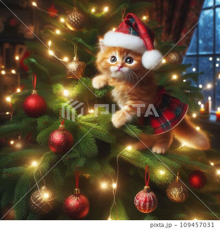 サンタクロースの衣装を着ている猫 109457031