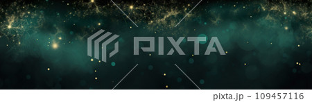 AI-generated content. Abstract dark green background with a mystical array of golden stars and sparkling particles, conjuring a festive night sky. Copy space for your text. Merry Xmas, Happy New Year 109457116