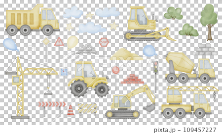 Construction clip art Set Watercolor illustration. Hand drawn baby boy toy car and road sign on isolated background. Tractor with lorry and crane drawing. Painting of transport for wall art stickers. 109457227