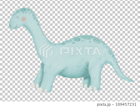 Dinosaur Diplodocus Watercolor illustration. Hand drawn clip art of Dino on isolated background. Drawing of baby cute smiling cartoon character. Sketch of blue prehistoric animal for kids prints. Dinosaur Diplodocus Watercolor illustration. Hand drawn clip art of Dino on isolated background. Drawing of baby cute smiling cartoon character. Sketch of blue prehistoric animal for kids prints. 109457231