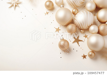 AI-generated content. Beautiful beige Christmas background with golden, shining decoration and empty space. Glitter, stars. Copy space for your text. Merry Xmas, Happy New Year. Festive backdrop 109457477