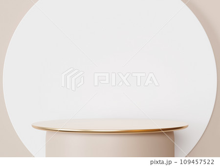 Round podium on white and beige background. Stage for product, cosmetic presentation. Minimalist mock up. Pedestal, platform for beauty products. Empty scene. Display, showcase. 3D render. Round podium on white and beige background. Stage for product, cosmetic presentation. Minimalist mock up. Pedestal, platform for beauty products. Empty scene. Display, showcase. 3D render. 109457522