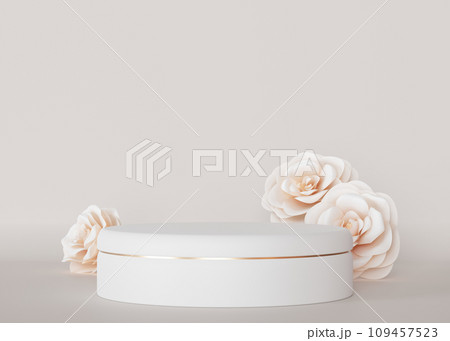 White podium with flowers on beige background. Pastel colors. Stage for product, cosmetic presentation. Minimalist mock up. Pedestal, platform for beauty products. Empty scene. Display, showcase. 3D. White podium with flowers on beige background. Pastel colors. Stage for product, cosmetic presentation. Minimalist mock up. Pedestal, platform for beauty products. Empty scene. Display, showcase. 3D. 109457523