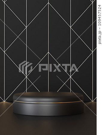 Black and golden podium on black background. Elegant stage for product, cosmetic presentation. Luxury mock up. Pedestal, platform for beauty products. Empty scene. Display, showcase. 3D render. 109457524