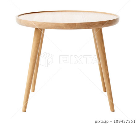 AI-generated content. Scandinavian-style round wooden side table with elegantly tapered legs, presenting a smooth, natural finish, isolated on a white background. Coffee table, cut out. Front view AI-generated content. Scandinavian-style round wooden side table with elegantly tapered legs, presenting a smooth, natural finish, isolated on a white background. Coffee table, cut out. Front view 109457551
