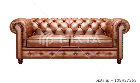AI-generated content. Elegant, classic brown leather sofa, embodying sophistication and timeless design, isolated on white background. Cut out furniture. Front view. Generative AI. 109457565
