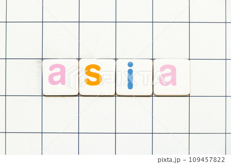 Colorful tile letter in word asia on white grid background 109457822