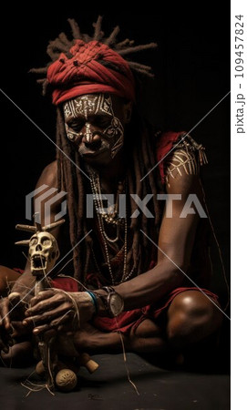 AI-generated content. African male Shaman at work with magic doll, vertical image. 109457824