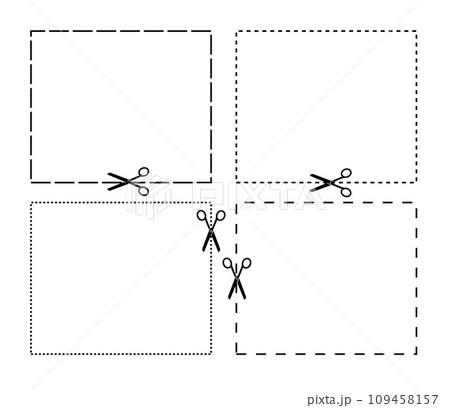 Cut here line icon pack symbol. Suitable for coupon, ticket, and cropping area marker. Scissor cutting line symbol. Vector 109458157