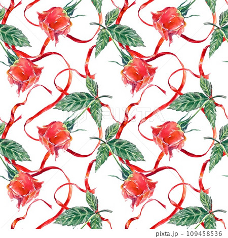 Seamless pattern of red rose buds, ribbons. Watercolor illustration isolated on white background. Cards, wedding invitations, wrapping paper, covers. Seamless pattern of red rose buds, ribbons. Watercolor illustration isolated on white background. Cards, wedding invitations, wrapping paper, covers. 109458536