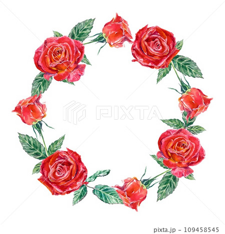 Round frame of red roses. Watercolor illustration isolated on white background. Valentines Day greeting cards, wedding invitations, banners, covers. 109458545