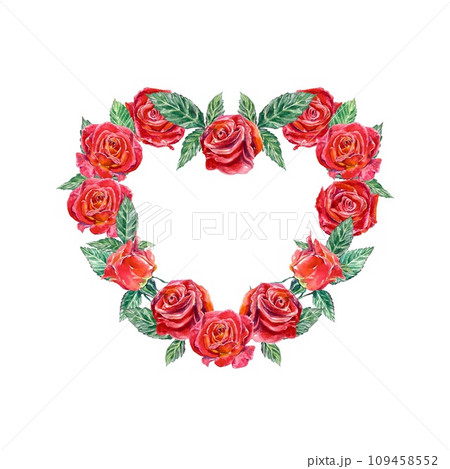Heart-shaped frame made of red roses. Watercolor illustration isolated on white background. Greeting cards, wedding invitations, Valentines day. 109458552