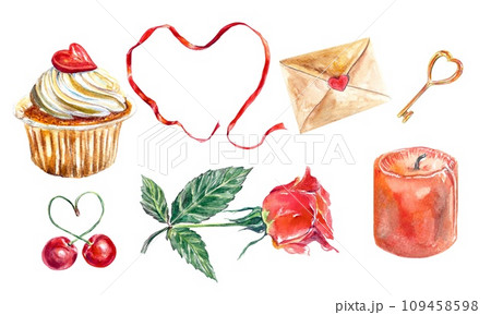 Cake, ribbon, key, rose, cherry, candle. Watercolor illustration isolated on white background. Valentines Day greeting cards, wedding invitations. Cake, ribbon, key, rose, cherry, candle. Watercolor illustration isolated on white background. Valentines Day greeting cards, wedding invitations. 109458598