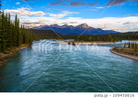 Athabasca River with Pyramid Mountain, Jasper National Park, Canada Athabasca River with Pyramid Mountain, Jasper National Park, Canada 109458616
