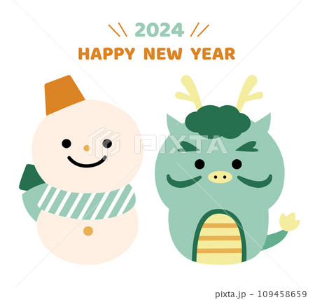 辰年のかわいいキャラクターと雪だるまの年賀状イラスト 109458659
