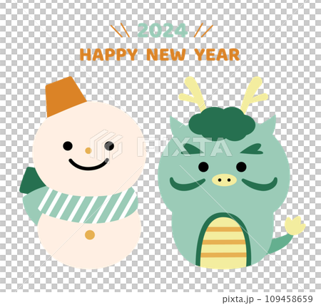 辰年のかわいいキャラクターと雪だるまの年賀状イラスト 109458659