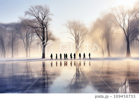 Walker on the shore of a frozen pond with bare trees reflecting in the ice 109458733