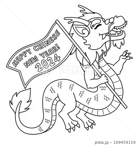 Year of the Dragon Holding Flag Isolated Coloring 109459119